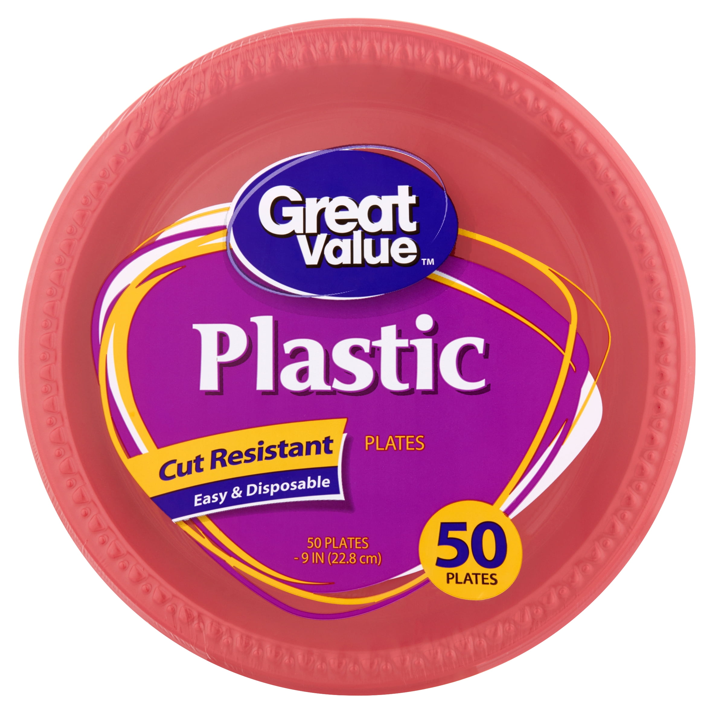 Great Value Red Plastic Lunch Plates, 9", 50 Count
