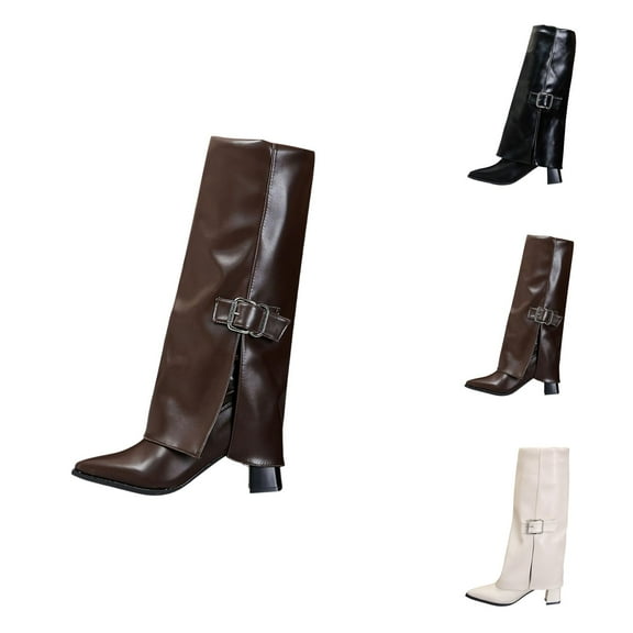 Women's Knee High Dress Boots, Fashion Buckle Detail Mid Calf Boots, Comfortable Tall Shoes for Fall and Winter