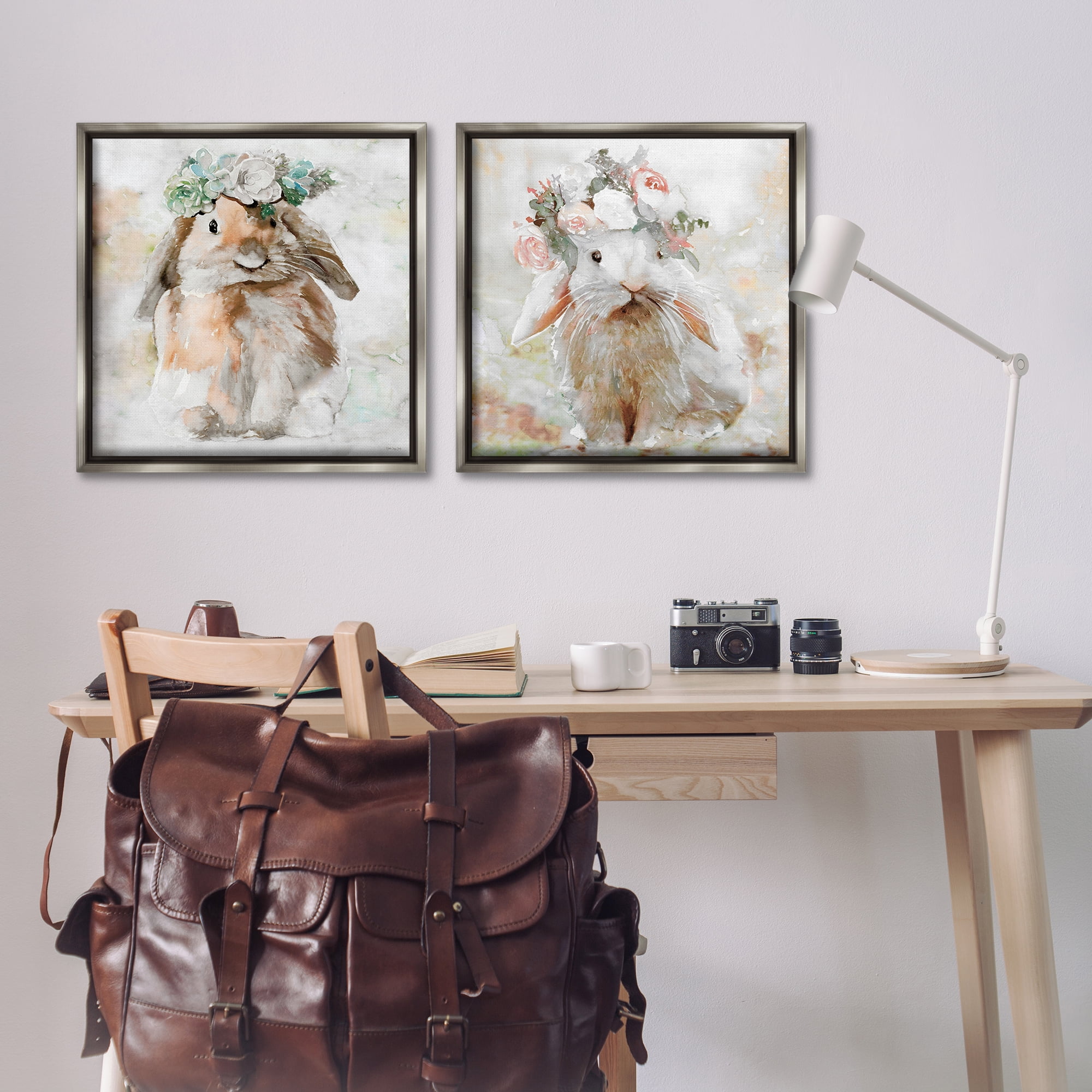 Stupell Industries Soft Spring Floral Bunnies Animals Painting Gray Floater Framed Canvas Art Print Wall Art, 25 x 25, Set of 2