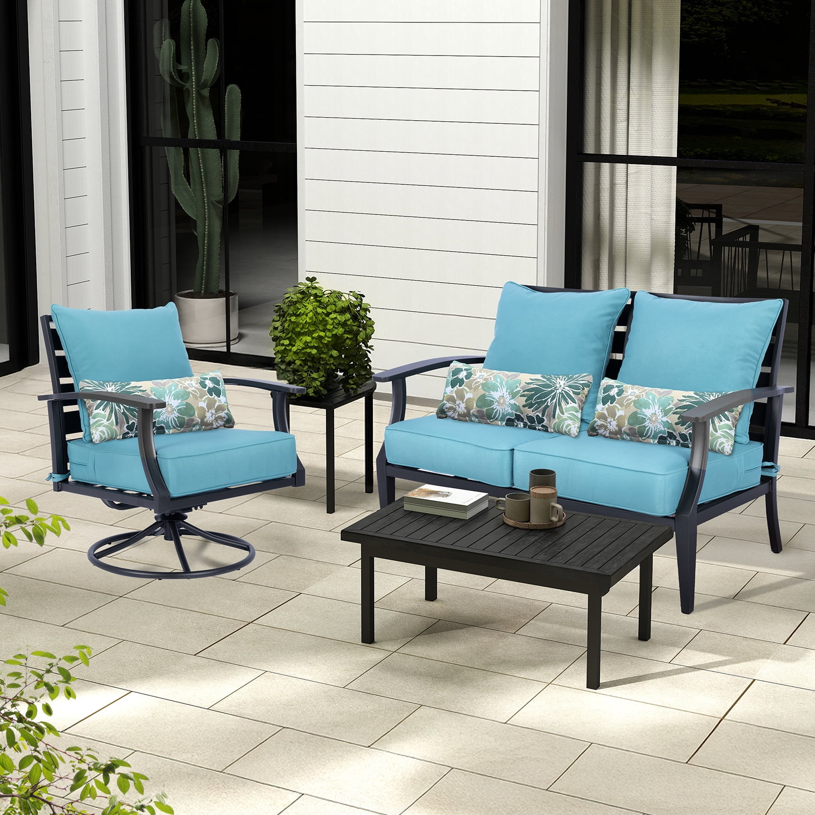 Aoodor 23"x26" Patio Chair Cushions Set, Memory Foam Outdoor Seat Cushions (Set of 2 Seats, 2 Backs, 2 Lumbar Pillows) - Blue