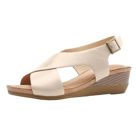 

MIASHUI Womens Sandals Shoes Wedge Heel Roman Shoes Large Size Sandals Simple Sandals for Women Casual Summer Shoes Beige 7