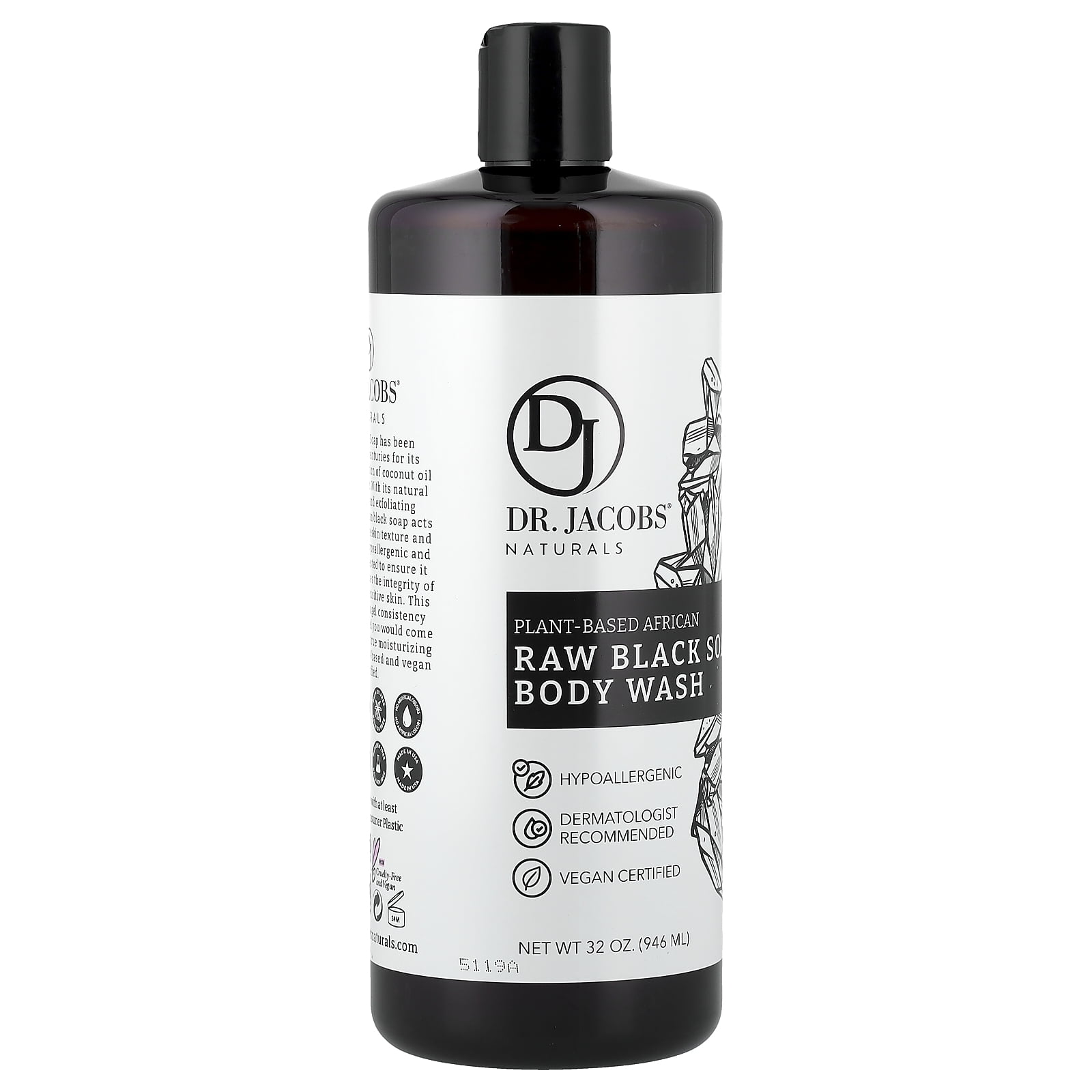 Dr Jacobs Naturals Authentic African Raw Black Soap Body Wash All-In-One Liquid Soap for Face, Body and Hair, 32 Oz.