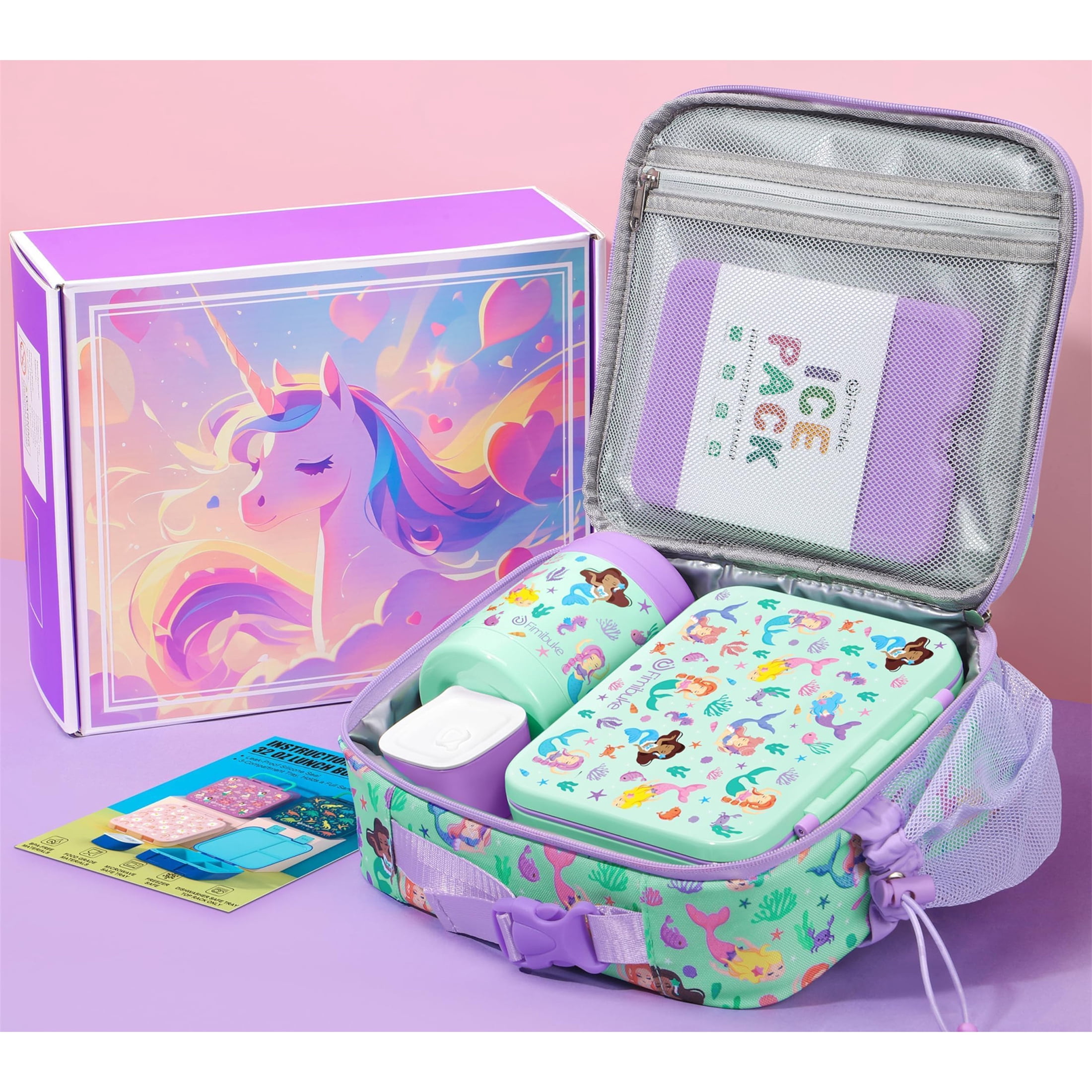Bento Lunch Box 3-Compartment 32OZ Snack Lunch Container, Lunch Bag, 12OZ Insulated Food Jar & Ice Pack Set for School, Work, Travel, or Picnic (Mermaids)