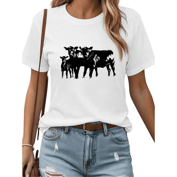 White Print Tshirt Graphic Tees Shirts S-5XL Farm Cows Relaxed Daily Tops