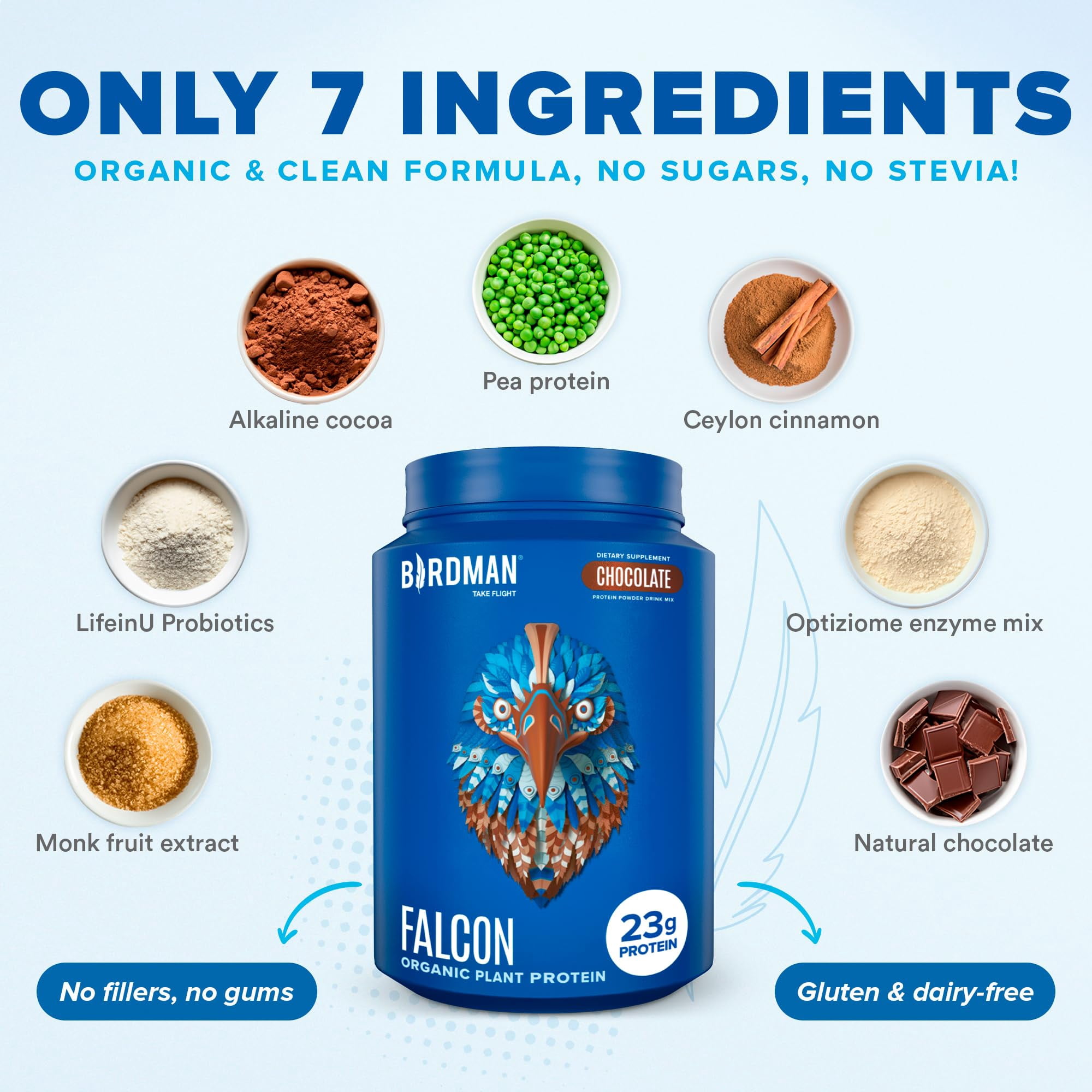 BIRDMAN Falcon Organic Vegan Protein Powder, Stevia & Sugar Free, Chocolate, 37 Servings, 2.64lb