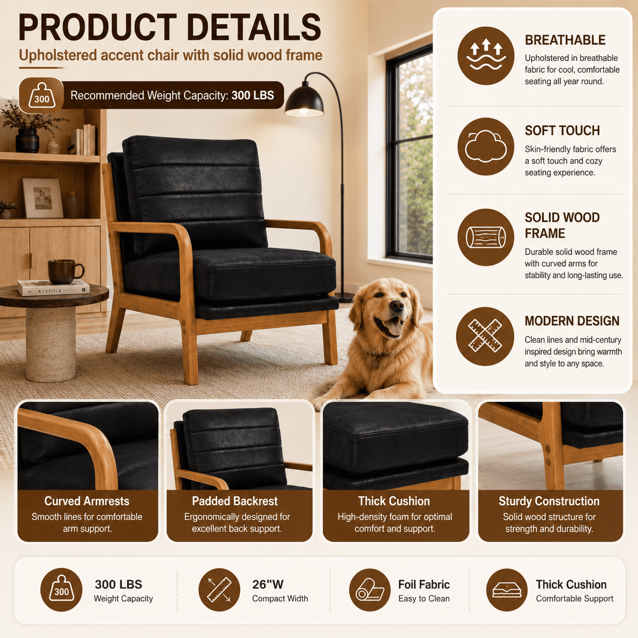 Homy Casa Mid-Century Accent Chair, Upholstered Lounge Reading Chair with Wood Frame, Black