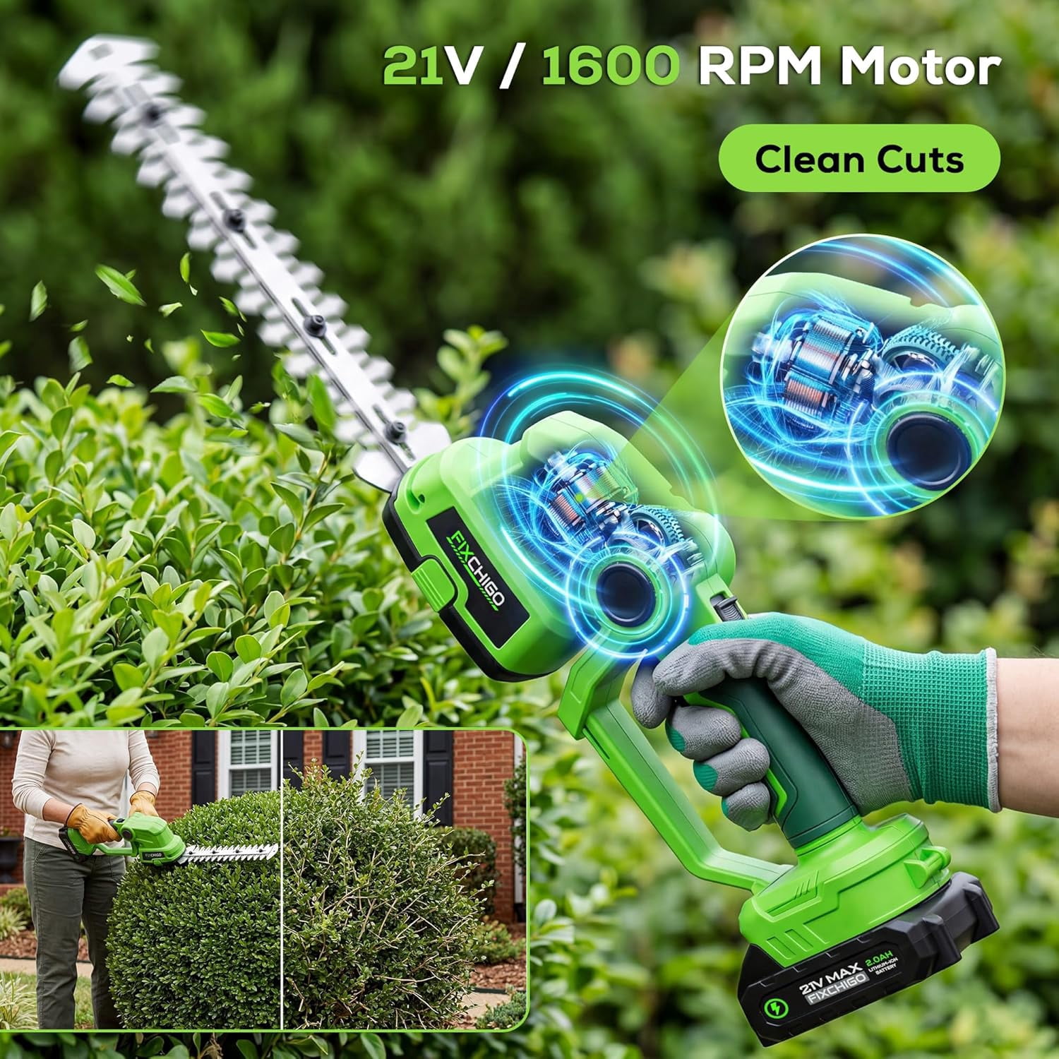 21V Cordless Hedge Trimmer 2-in-1 with 2 Batteries, Lightweight Electric Grass Shear for Garden Yard Lawn Care