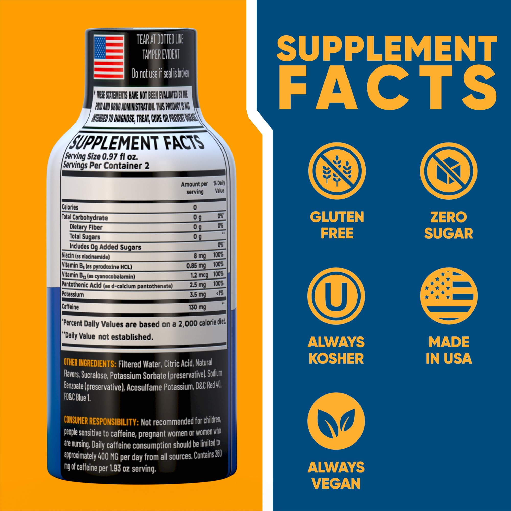 Grade A Quality Blue Raspberry Extra Strength Shot, 24 Pack – 260mg Natural Caffeine, B12 & B6, 2 Servings, Zero Sugar, 1.93 fl oz
