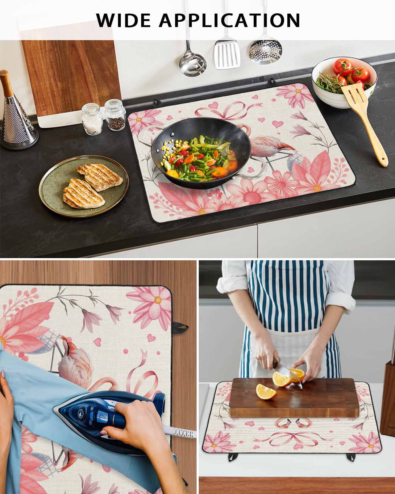 Large Induction Cooktop Protector Mat Happy Valentine's Day Stove Top Covers for Electric Stove, Romantic Pink Flamingo Floral Burlap Decorative Stove Burner Cover Mats, Glass Top Stove Cover
