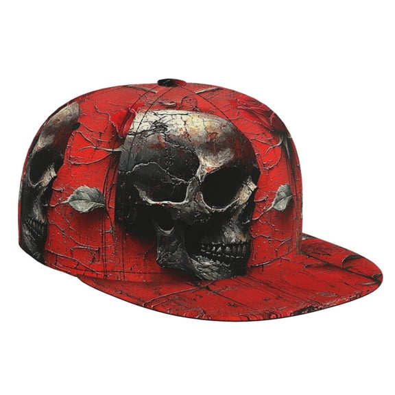 Baseball Cap Flat Bill Hat Adjustable Brim Trucker Hats Snapback , Gothic Skull Rose Red