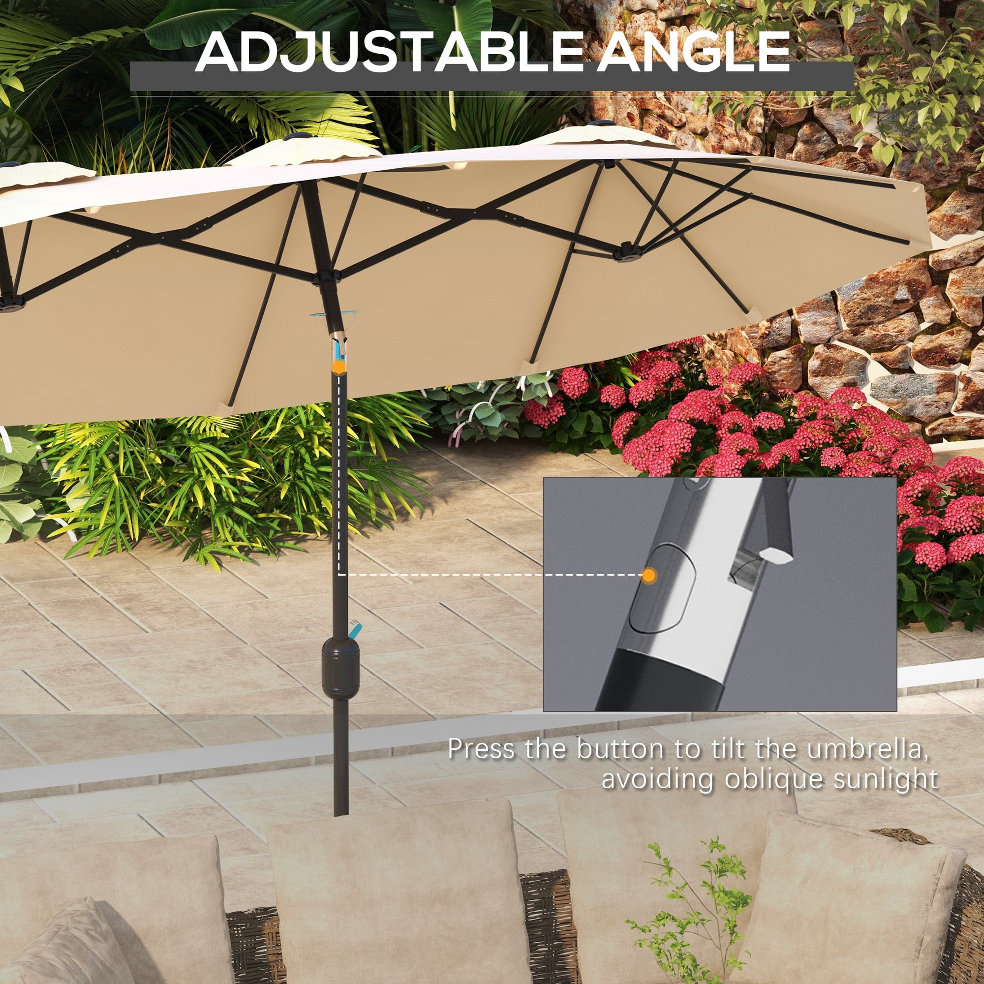 Outsunny 9.5' Double-sided Patio Umbrella with Tilt Outdoor Umbrella, Brown
