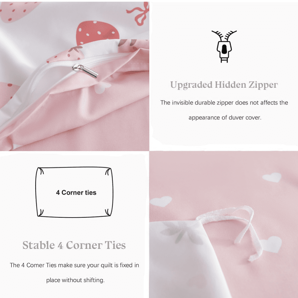 2 Pieces Strawberry Duvet Cover Set Twin Size Cute Pink Strawberry Hearts Bedding Set, Lightweight & Breathable Perfect for Girls