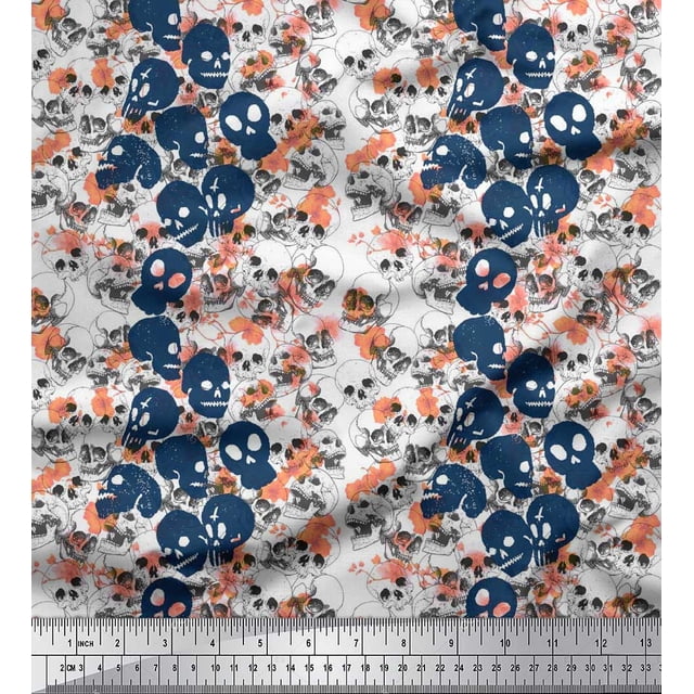 Soimoi Poly Georgette Fabric Skull Halloween Printed Fabric 1 Yard 52 Inch Wide