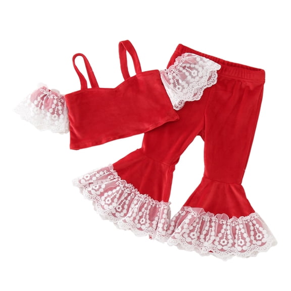 Toddler Kids Clothes Teen Girls Girls Size 14 Tracksuit Baby Set Floral Rose Blanket Cute Set Girl Toddler Christmas Sleeveless Lace Vest T Shirt Tops Flare Pants Kids Outfits Red 2-3 Years