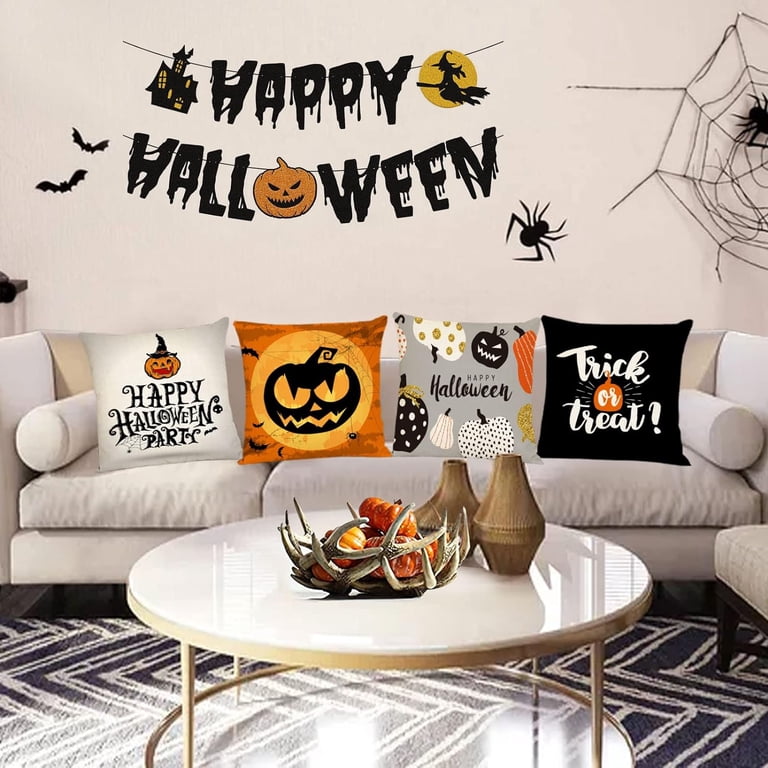 Halloween Pillow Covers Set Of 2 - 18x18 Inch Scary Crow Tree Print, Linen Square Cushion Covers For Sofa Decor