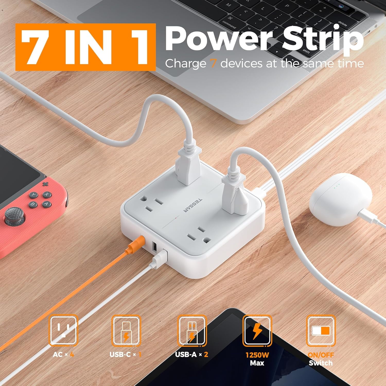 Surge Protector Power Strip, Ring Pull Flat Plug Extension Cord 10 Ft with 3 USB (1 USB C) 4 Outlets, 900 Joules Protection, Desktop Charging Station for Home, Office, College, Dorm Room, Gray