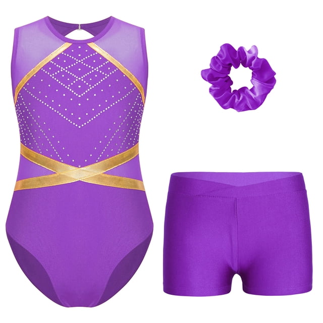 Sxiwei Kids Girls Gymnastics Dance Active Outfit Sleeveless Patchwork Rhinestones Leotard with Shorts Purple 10