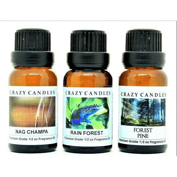 Crazy Candles 3 Bottles Set, 1 Forest Pine, 1 Nag Champa, 1 Rain Forest 1/2 fl oz Each (15ml) Premium Grade Scented Fragrance Oils