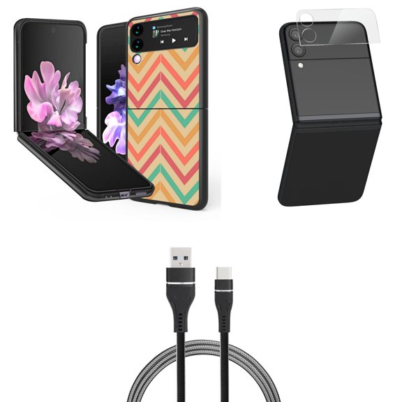 Bemz Premium Bundle for Samsung Galaxy Z Flip 3 5G: Slim Snap-On Protector Case (Coral Chevron), Rear Camera Glass Protector, Nylon Braided USB-C to USB-A Cable (3 Feet)