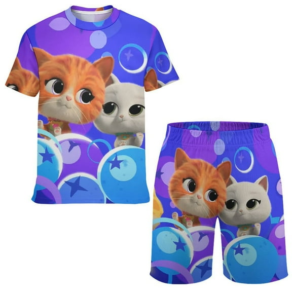 Super Kitties Boys Short Sleeve T-Shirt And Mesh Shorts Outfit Set for Kids