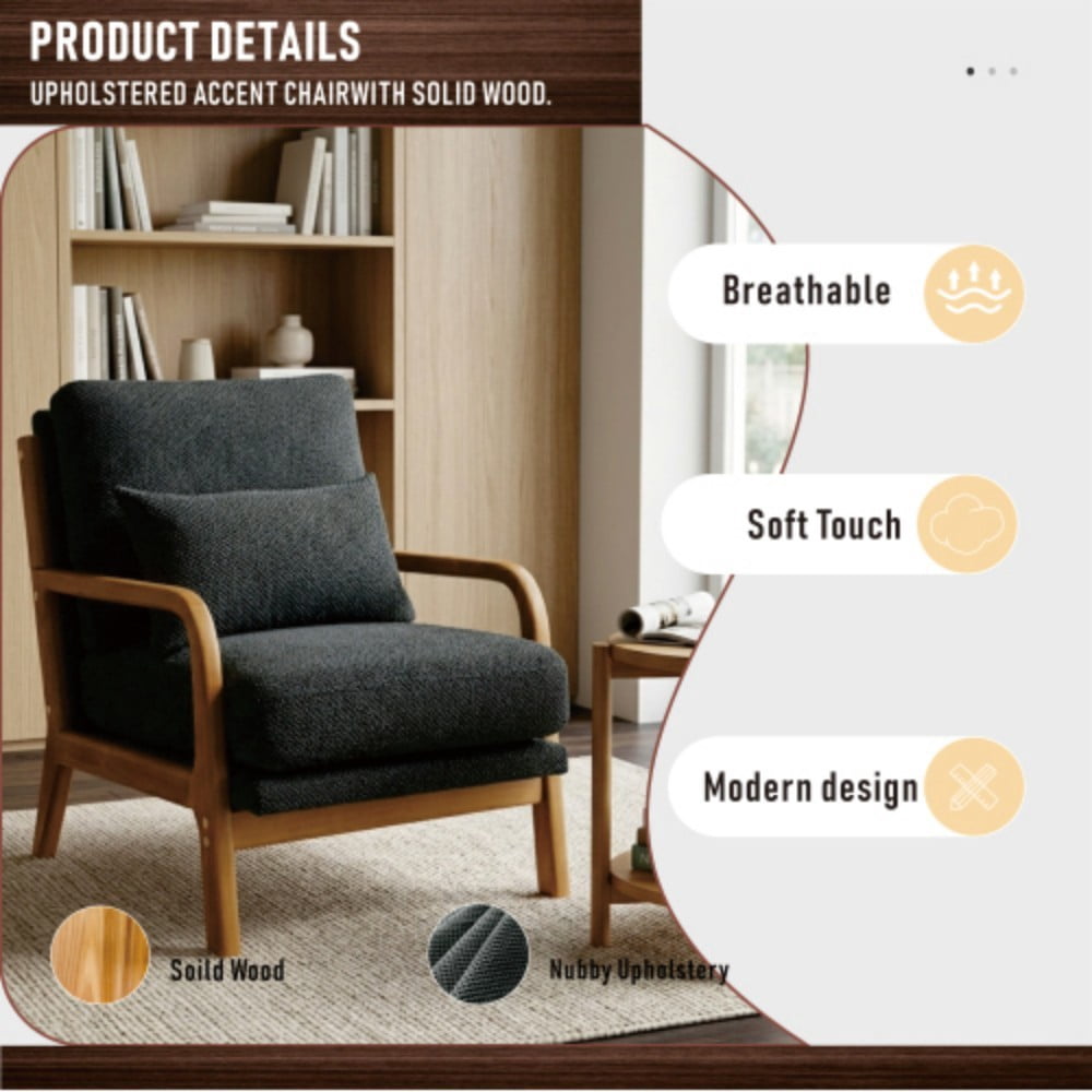 Wooden Lounge Chair, Modern Upholstered Accent Chair with Solid Wood Armrests, High-Density Foam Cushion, Reclined Backrest for Living Room, Bedroom & Office, Dark Gray