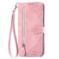 thumbnail image 3 of SaniMore Case for iPhone 14 Pro 6.1" 2022, PU Leather Zipper Wallet Detachable Lanyard Retro Embossed Flower Crad Slots Flip Kickstand Full Body Protective Drop-proof Case For iPhone 14 Pro, Pink, 3 of 15