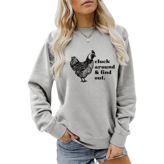 Cnbwig Hoodies for Women Casual Sweatshirts Letter and Chicken Print Top Hoodless Loose Crewneck Pullover Sweatshirt Sweatshirts Winter Outfits Sweater A28-Grey L