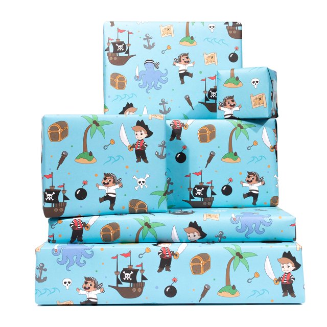 CENTRAL 23 - Papel de Regalo Pirata - 6 Hojas de Papel de Regalo Genial para Niños - Isla del Barco del Tesoro Piratas - Para Niños Niñas - Hijo Sobrino Nieto - Azul - Reciclable