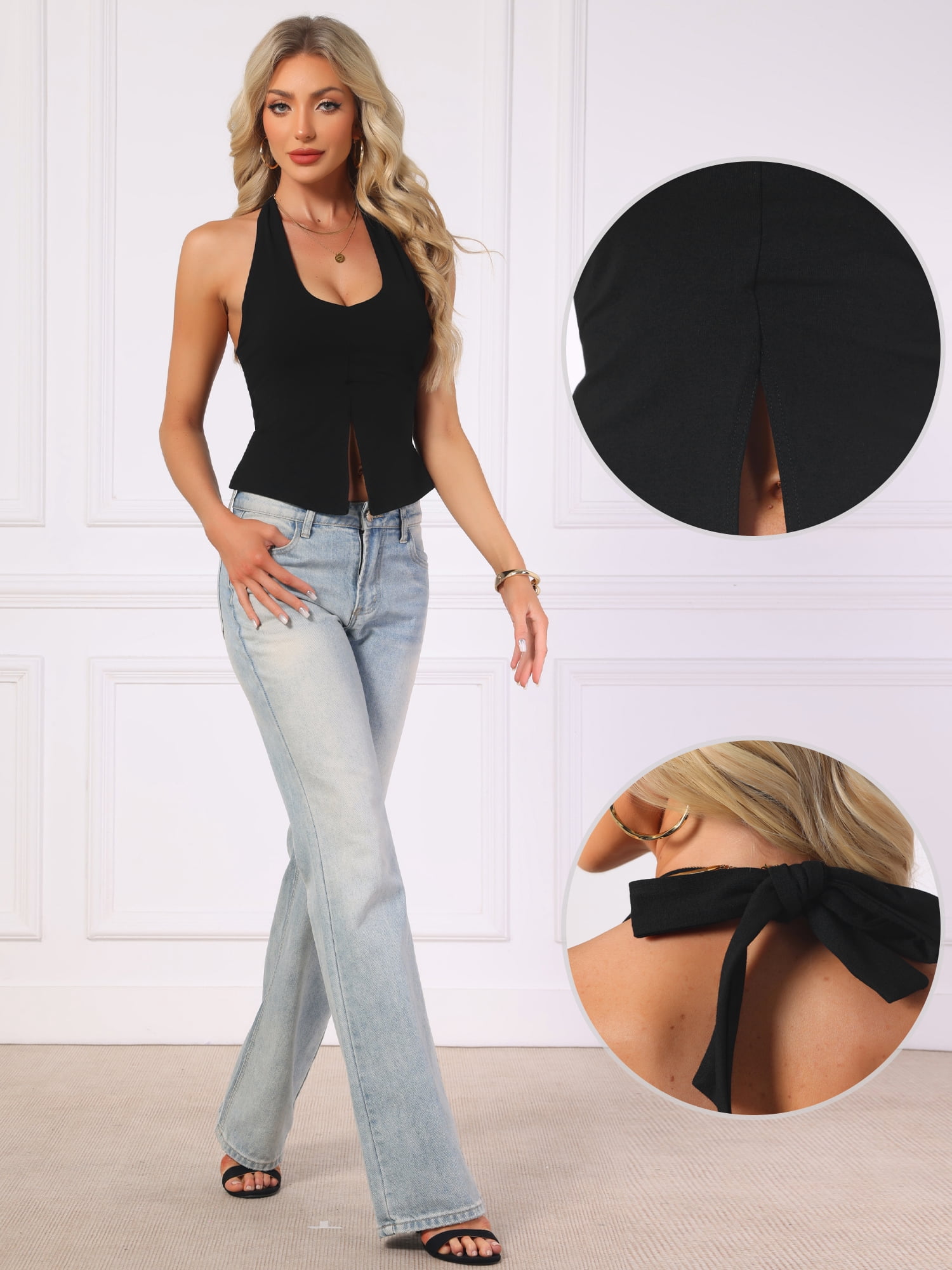 DARING DIVA Women's Stylish Halter Backless Crop Tank Casual Top L Black