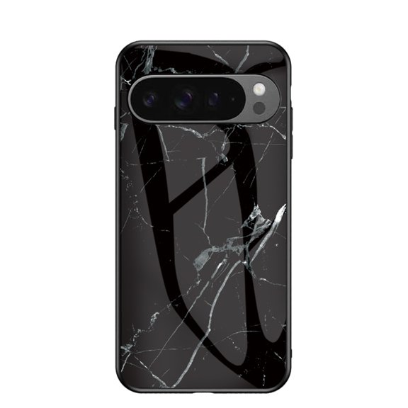for Google Pixel 9A Case, Hybrid Tempered Glass Protective Marble Pattern Glossy Design Slim Rugged Shockproof Women Girls Men Protective Anti-Scratch Wireless Charging Cover,Black