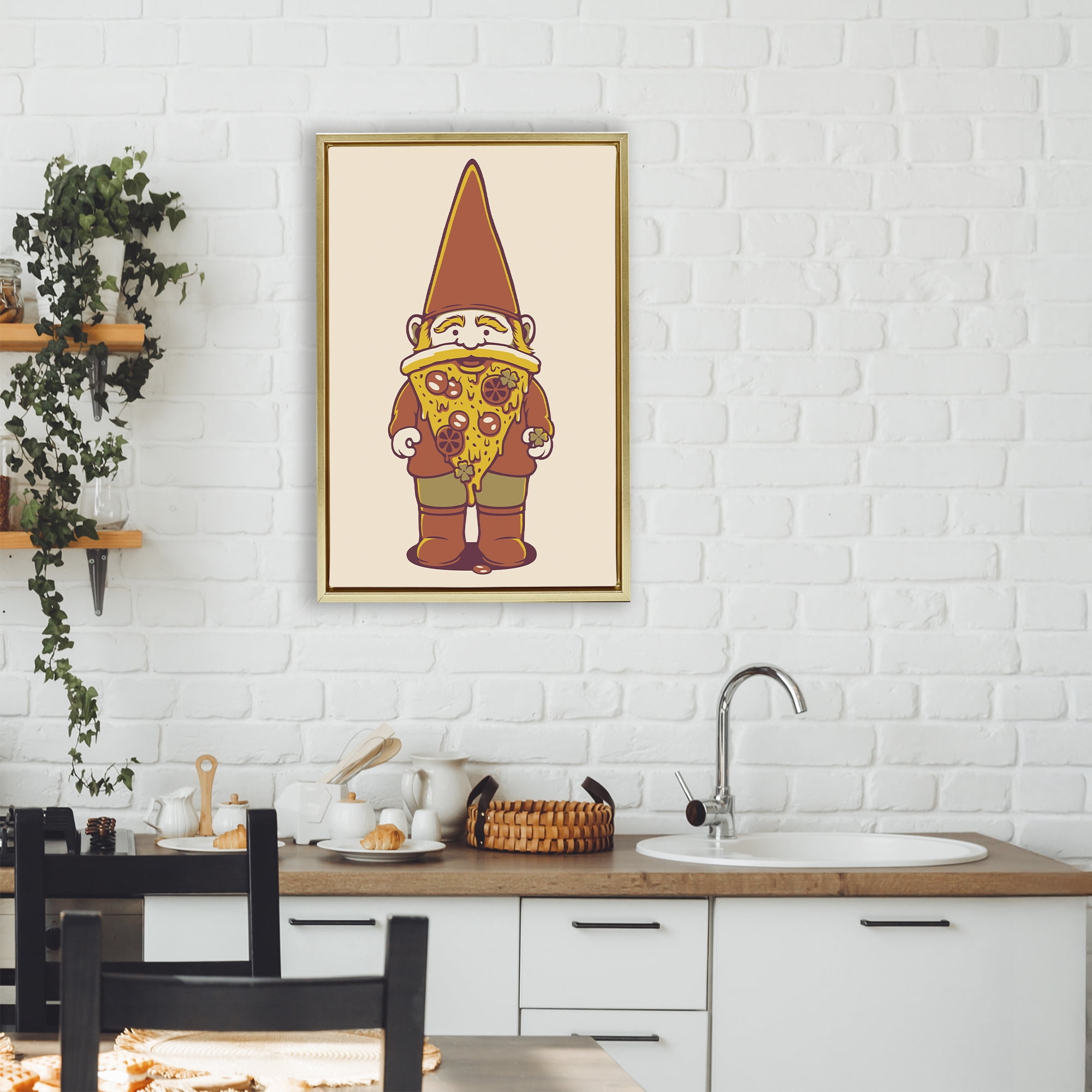 Stupell Industries Happy Pizza Gnome Gold Framed Floater Canvas Wall Art, design by Tobe Fonseca