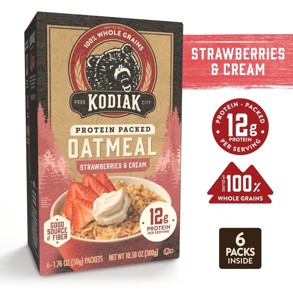 (3 pack) Kodiak Protein-Packed Strawberries and Cream Instant Oatmeal Packets, 1.76 oz (6 Count)