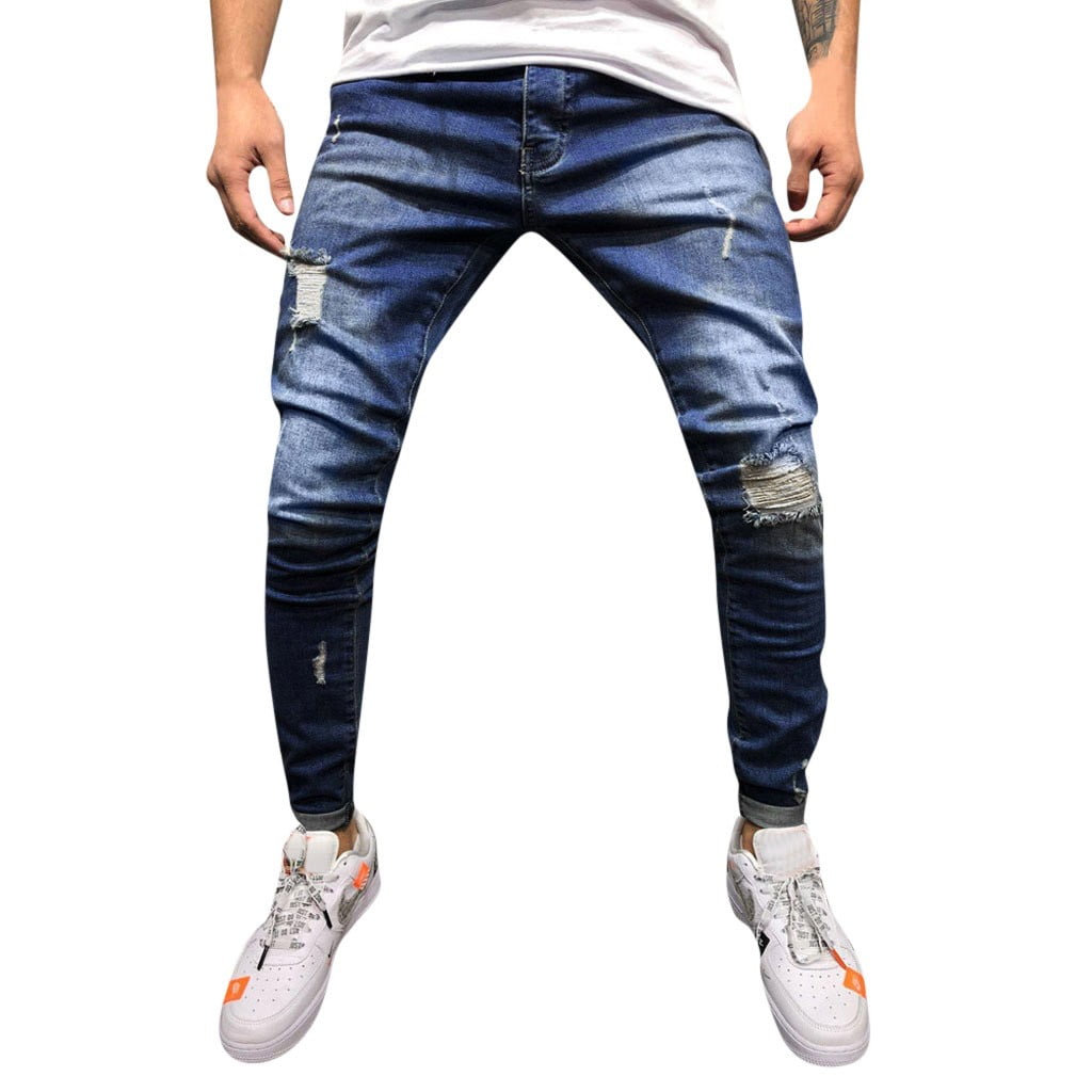 Men's Deep Ripped Jeans Distressed Slim Fit Casual Denim Pants With Zipper And Button Ankle Pants For Men Office - Walmart.com