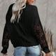 thumbnail image 3 of Suéter de ganchillo para mujer, cuello redondo, estampado floral, manga larga, color puro para oficina en casa, negro L, 3 of 5