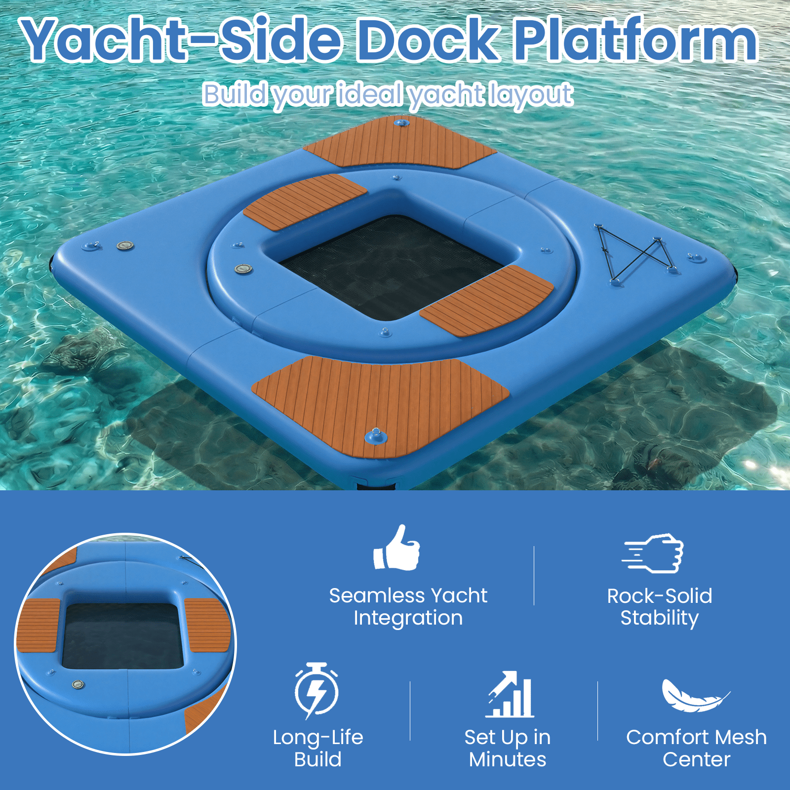 Bezliving 2 in 1 Inflatable Floating Dock Platform, Square EVA Traction Deck with Mesh Swim Net and Inner Floating Island, 6 in Thick, D Rings, Boat Swim Platform for Lake and Pool