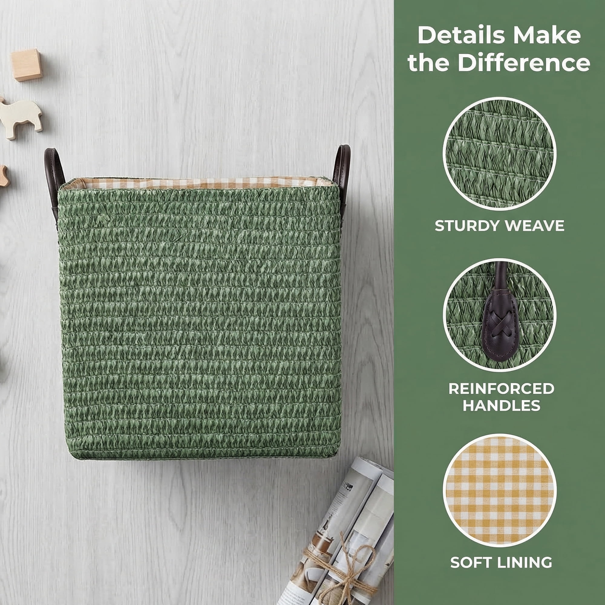 Unique Bargains Compactable Woven Storage Basket Storage Bin Green 11.8*9.1*11.4in