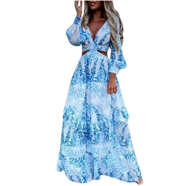 JUNWELL Robe Bohème d'Été pour Femmes, Robe Maxi Décontractée Grande Taille, Couleur Unie, Col en V, Robes Soleil, Dentelle à Franges, Longue Robe