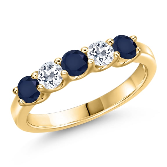 Gem Stone King 10K Yellow Gold Blue Sapphire and White Topaz Wedding-Bands Ring for Women | 1.09 Cttw | Round 3.5MM | Gemstone September Birthstone | Size 5