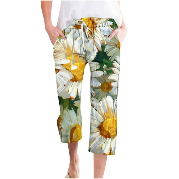 QATAINLAV Capri Pants for Women 2024 Trendy Floral Print Cropped Trousers Casual Summer Drawstring Straight Beach Pants Linen Capris Pant with Pockets Limited Time Sale Hot Pink XL
