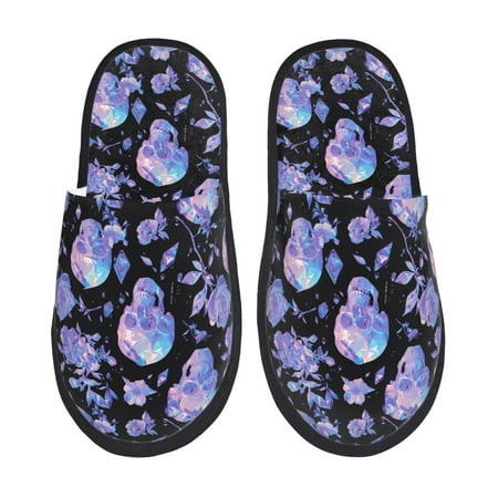 

Noikeo flower Skull crystal Pattern Cozy Slippers Indoor for Women and Mens Fuzzy House Shoes Soft Plush Warm Slip-on Slippers-Large