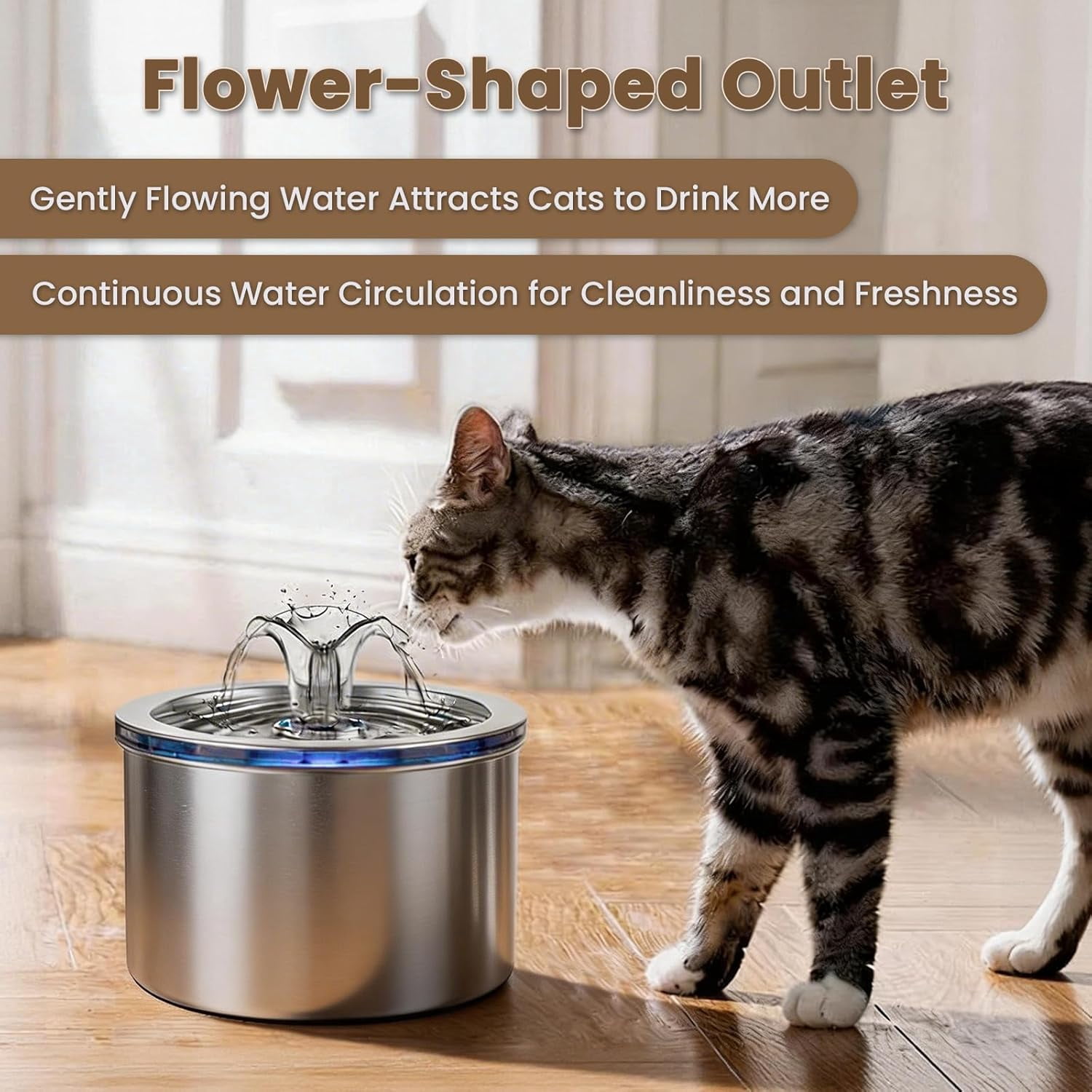 ABCISI Stainless Steel Cat Water Fountain, 74oz/2.2L Automatic Pet Fountain with Filters & USB Pump, Ultra Quiet Water Dispenser for Cats Indoor, LED Monitoring Water Level
