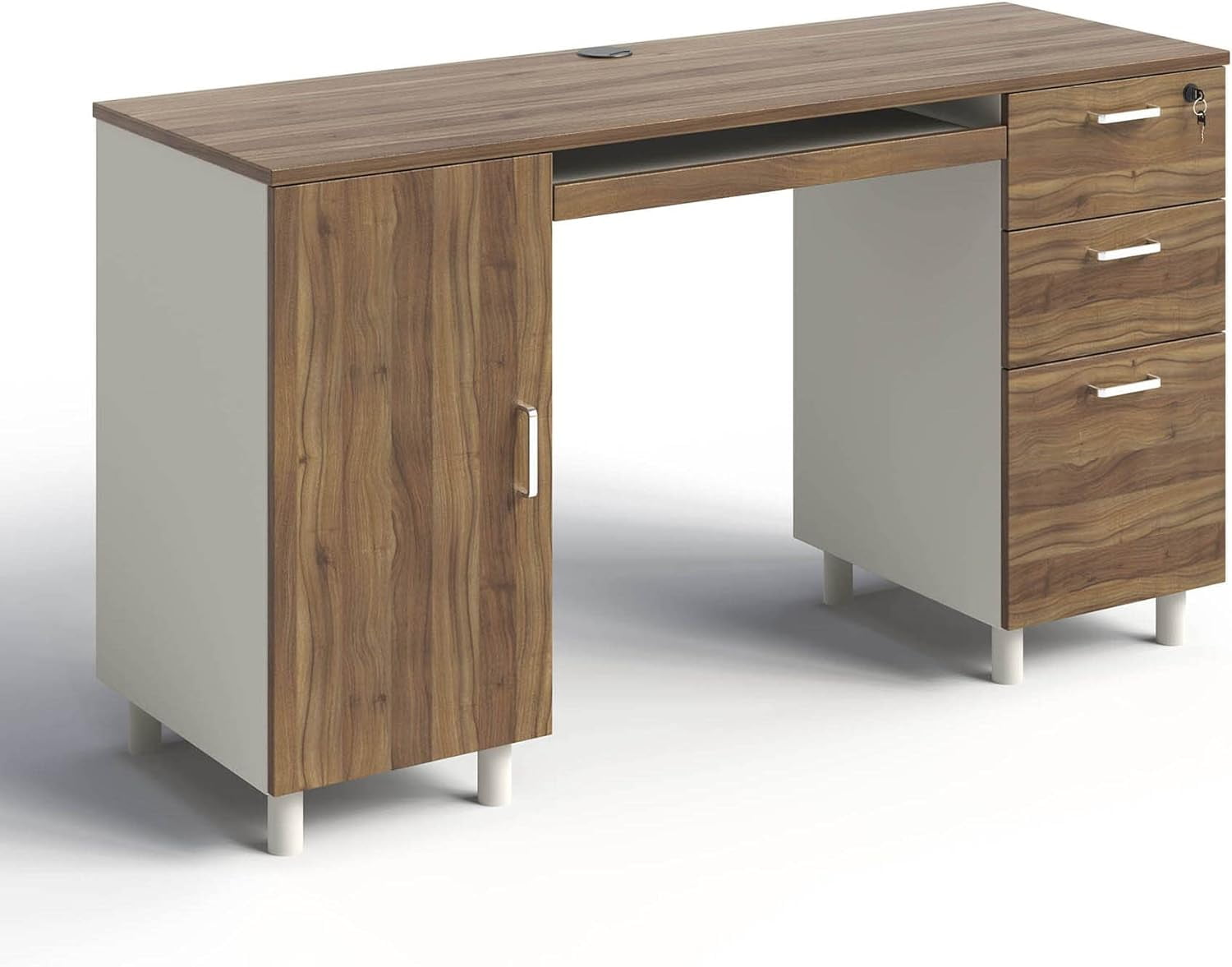 Modern Design Venice Computer Desk Great for Home Office Desk by Crafts and Comfort - 3 Drawers and CPU Storage Cabinet - Laptop Workstation with Keyboard Tray and Cable Hole - Walnut / White