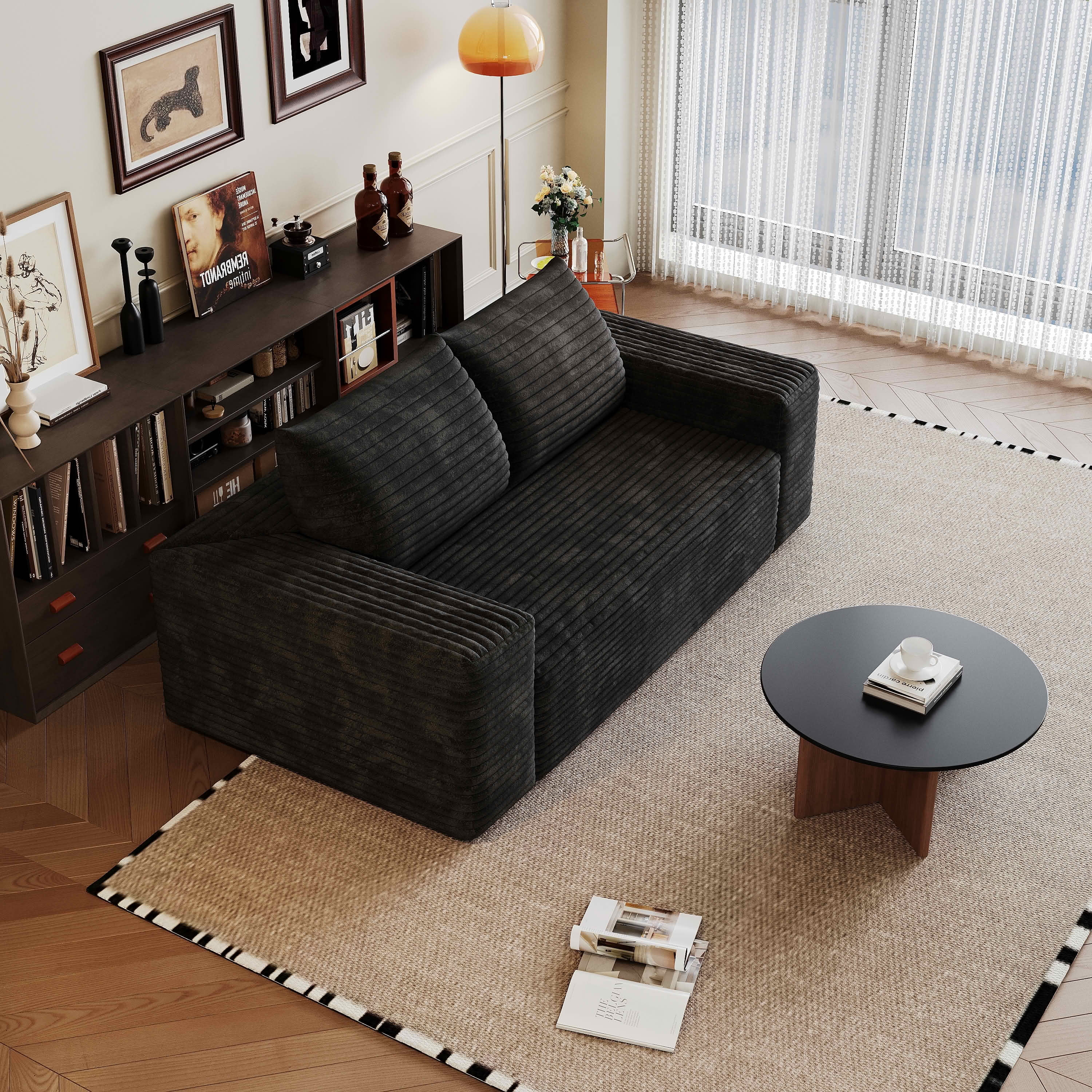 MAYEERTY Modern Black Corduroy 63 Inch 2-Seat Deep Seat Loveseat, Ready-To-Use No Assembly Sofa for Living Room Bedroom Apartment Conference Room