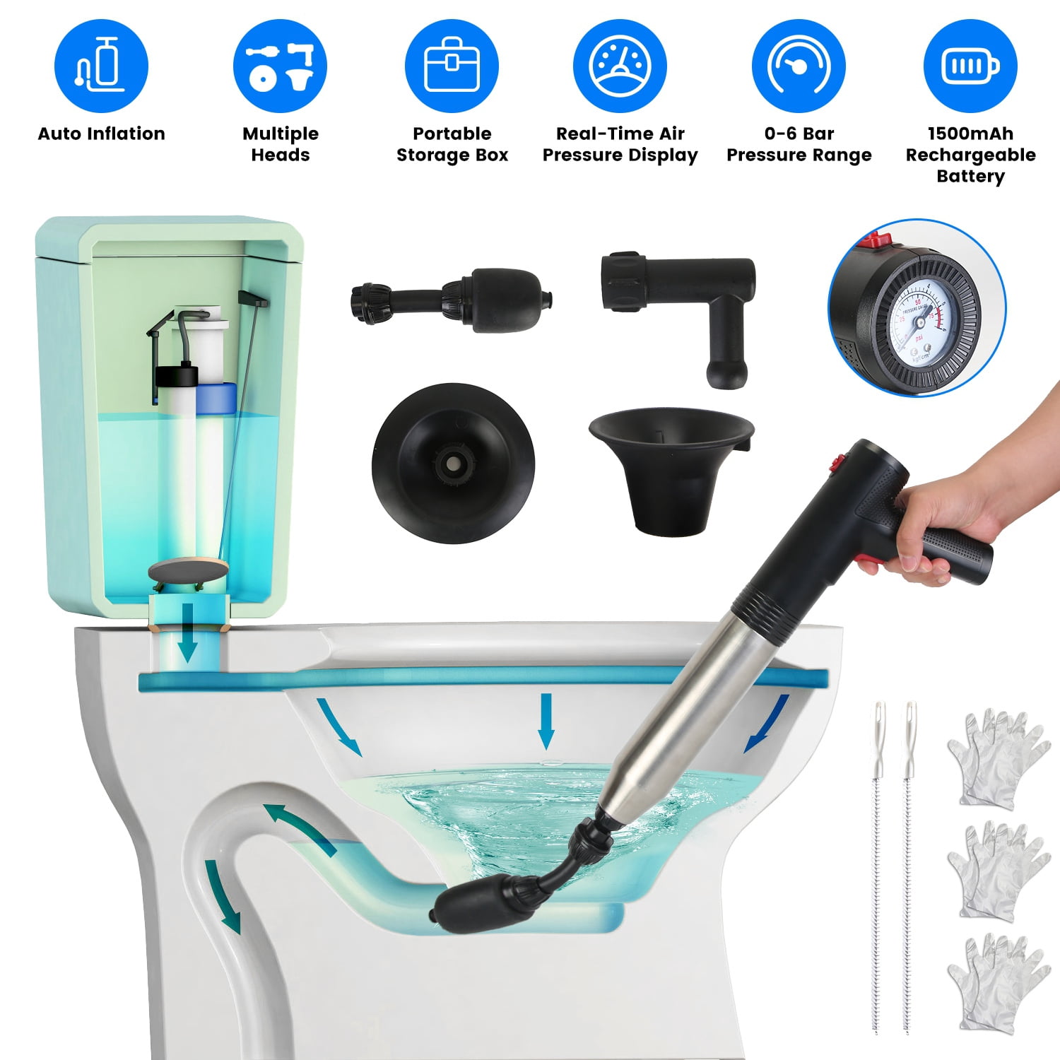 Electric Toilet Plunger, High Pressure Air Plunger Air Drain Blaster Drain Clog Remover with Real Time Pressure Display for Toilets Bathroom Floor Drain Kitchen Sinks Plumbing Clogs