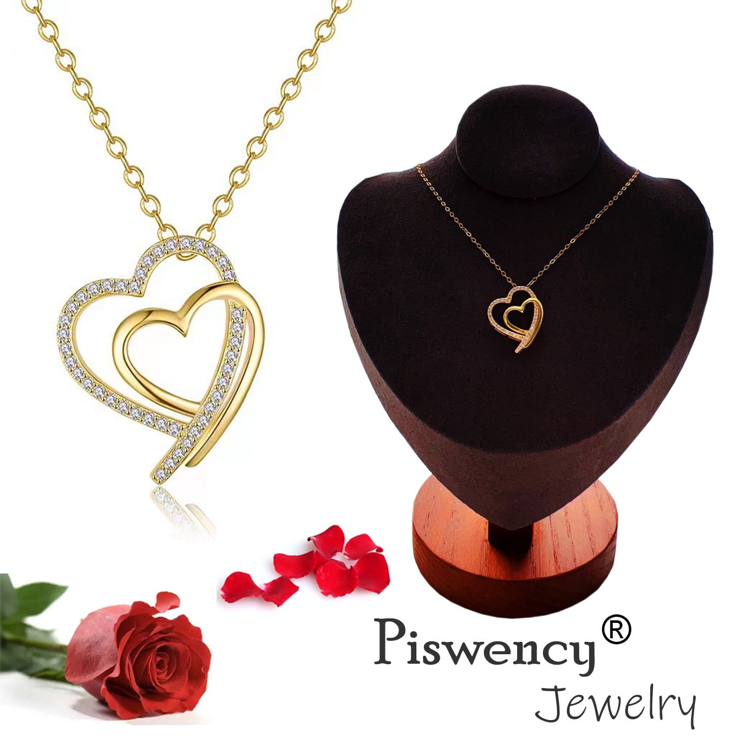 Piswency 14K Real Gold Filled Heart Necklace for Women CZ Love Double Heart Pendant Necklace with Adjustable Heart Chain for Valentine’s Day, Mother’s Day, Birthday, Handmade Jewelry, Gift for Her