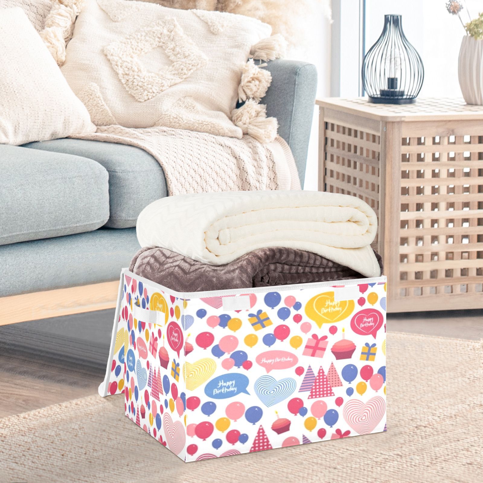 Happy birthday party balloons Storage Bins with lid, Decorative Boxes for Shelves, Closet Organizer Basket with Handles, Large,