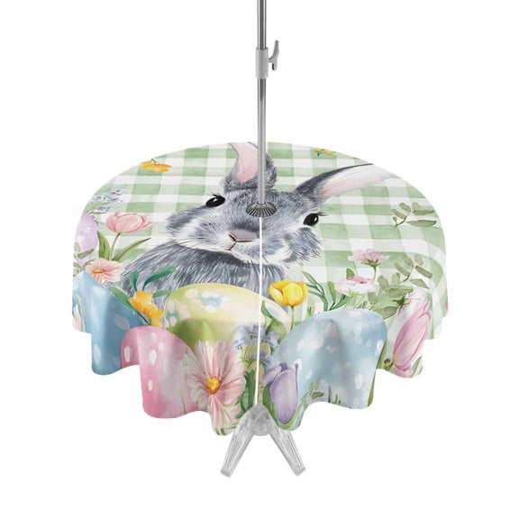 Outdoor Tablecloth with Umbrella Hole and Zipper, Easter Round Table Cloth 60 Inch Waterproof Tablecloth, Spring Rabbit Eggs Botanical Floral Green Lattice Picnic Table Cover for Patio Camping