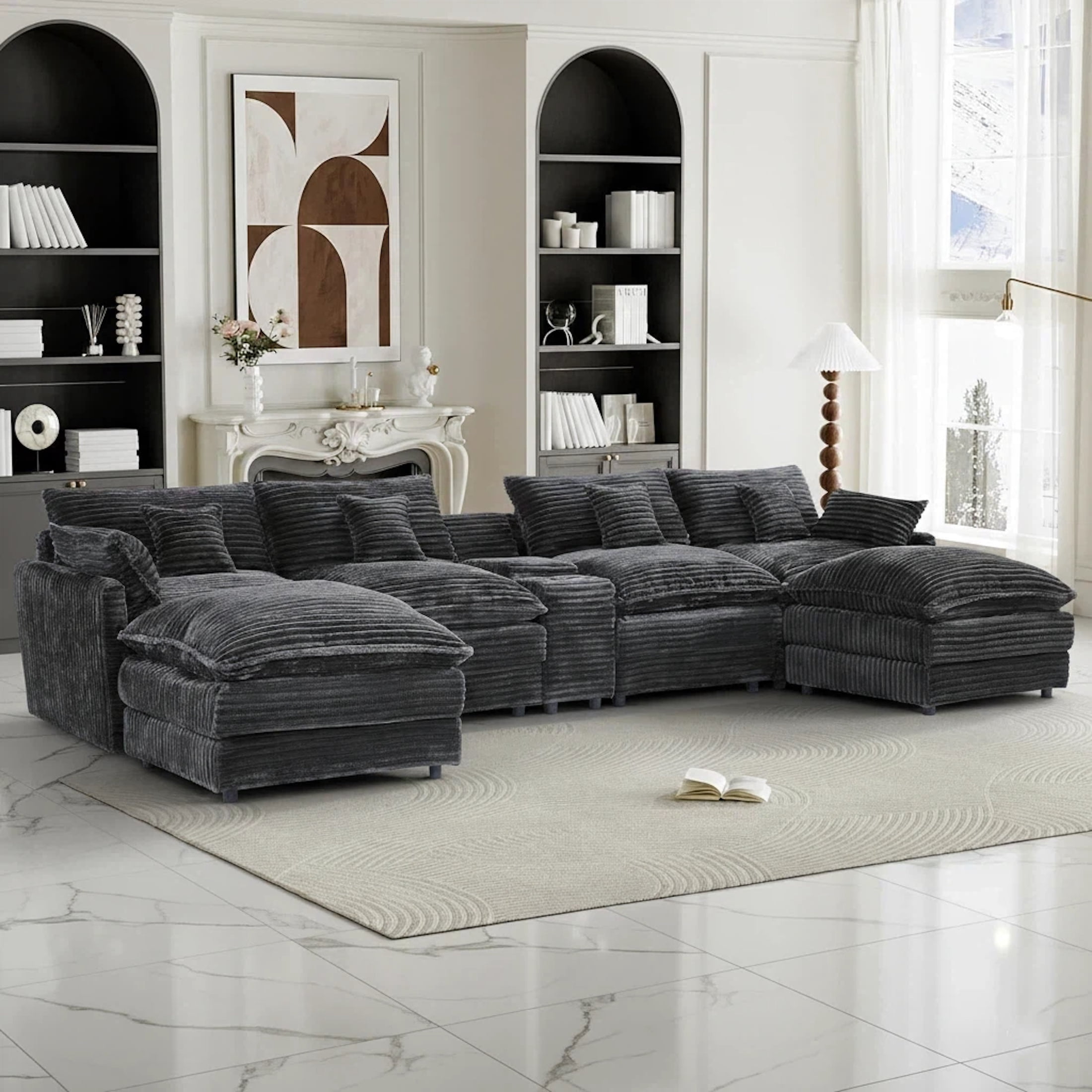 Vinform 145" U Shaped Cloud Couch Sectional with USB Charging, Hidden Storage, Cup Holders & Double Chaise, Grey