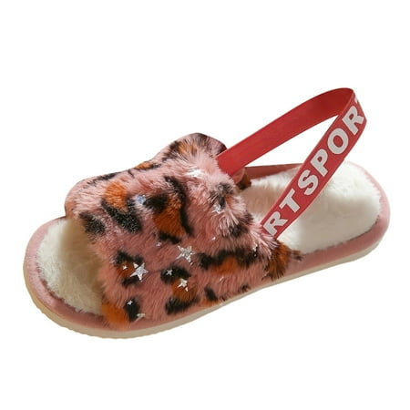 Mepaouo Back Strap Leopard Fuzzy Slippers Open Toe House Slide Sandals Indoor Spa Bedroom Flat Shoes