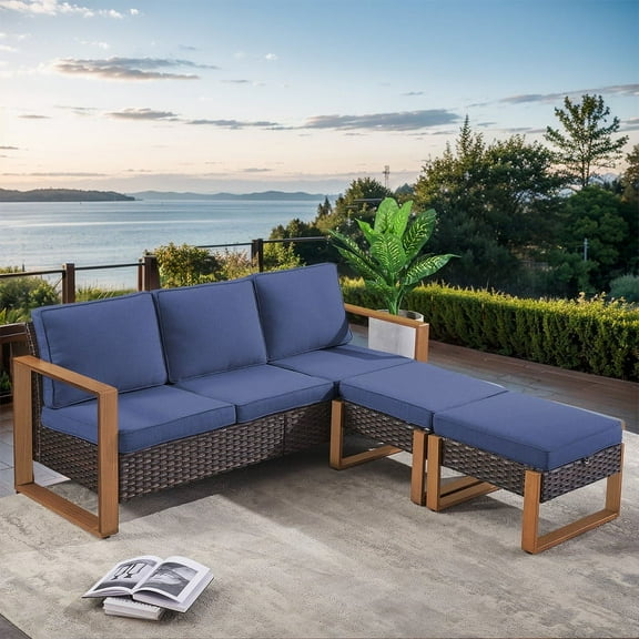 PARKWELL 3-Piece Outdoor Patio Sofa with 2 Cushioned Ottoman Seat Foot Rest,All-Weather Wicker Rattan Couch Conversation Seating Furniture Set,Navy